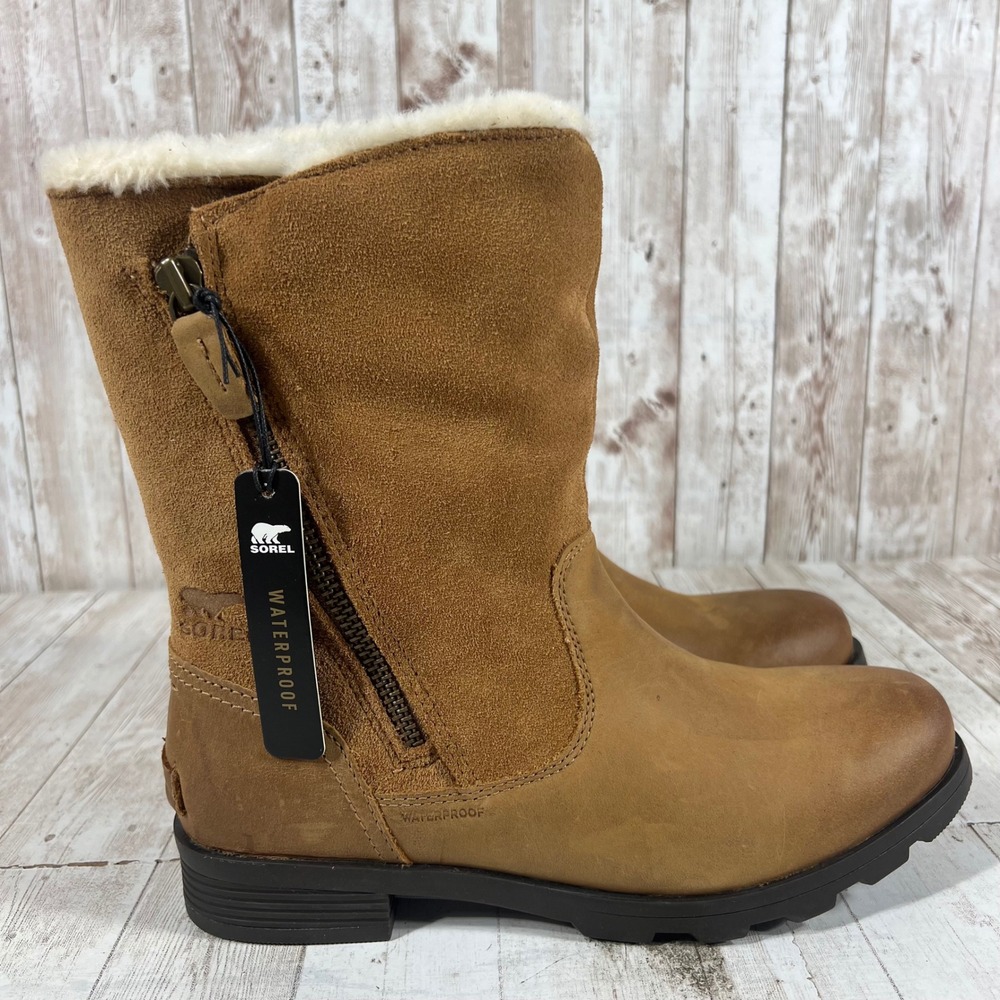 Sorel Emelie Mid Waterproof Leather Suede Boots Elk Brown NL3025-224 Womens 8.5